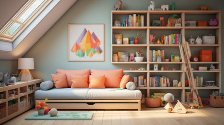 A cozy reading nook in a child's bedroom with a sofa, bookshelf, and lots of natural lightの素材