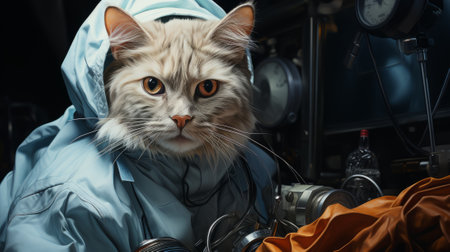 A cat wearing a blue hazmat suit is sitting in a laboratoryの素材