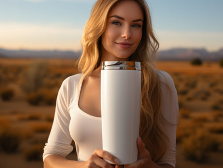 Blonde woman in white shirt holding a white tumblerの素材