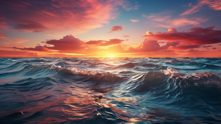 A beautiful sunset over a rough seaの素材