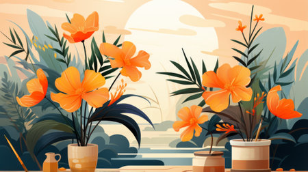 Orange flowers in pots with green leaves on a table with a sunset in the backgroundの素材