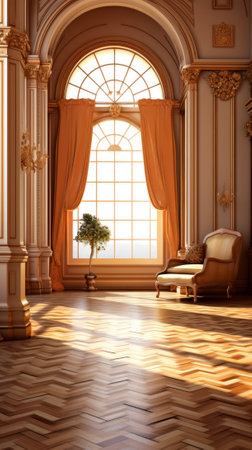Ornate room with large arched windowの素材