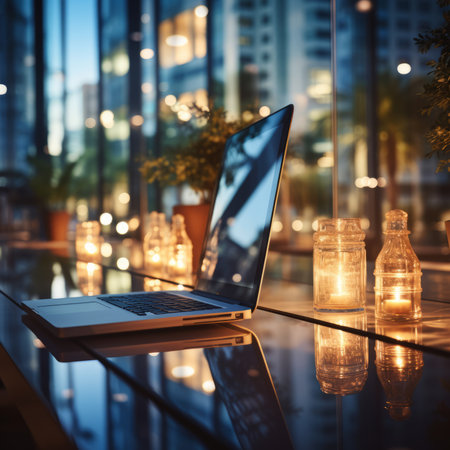 A laptop sits on a table in front of a window at night with candles and city lights in the backgroundの素材