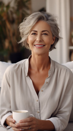 Portrait of a beautiful middle-aged woman with short gray hair and blue eyes smiling and holding a cup of coffeeの素材