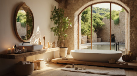 Bathroom interior with natural materials and large window overlooking green landscapeの素材