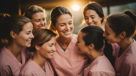 A group of female nurses smiling and laughing togetherの素材