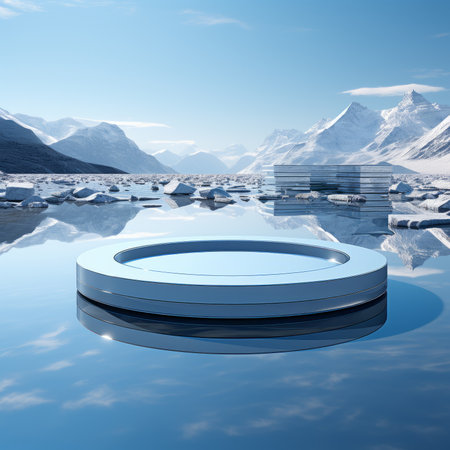 Blue and white circular stage with snow capped mountains in the backgroundの素材