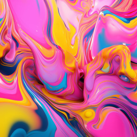 Colorful abstract painting with vibrant swirls of pink, blue, and yellowの素材