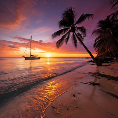 Tropical Beach With Palm Trees And Sailboat At Sunsetの素材
