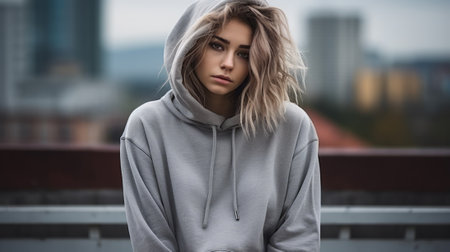 Portrait of a young woman in a gray hoodie looking at the camera with a serious expressionの素材