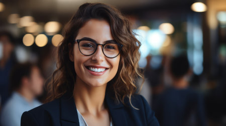 Portrait of a smiling young businesswoman wearing glasses in an office environmentの素材