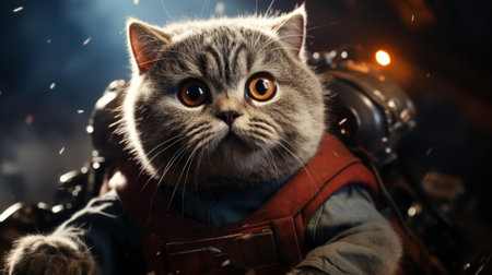 A cute cat wearing a spacesuit is sitting in a spaceship.の素材