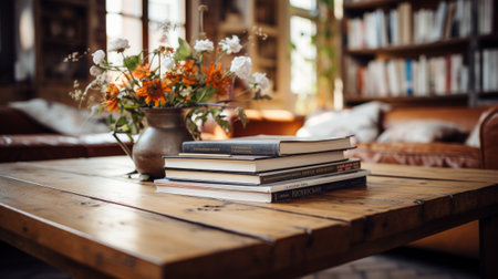 An artistic photo of a coffee table with books and flowersの素材
