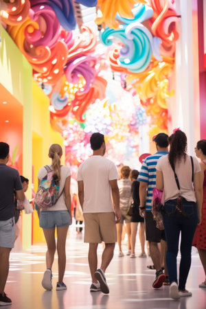 People walking through a colorful tunnelの素材