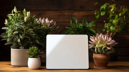 A digital tablet sits on a wooden table between several potted plants.の素材