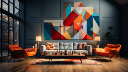 A living room with a colorful geometric artwork on the wallの素材