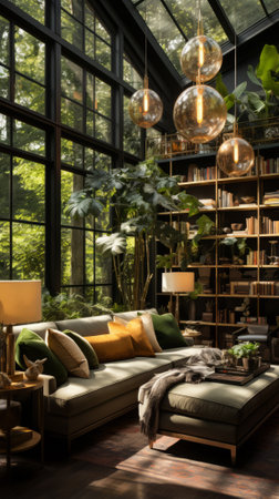 A stylish living room with a large glass window and a comfortable sofaの素材