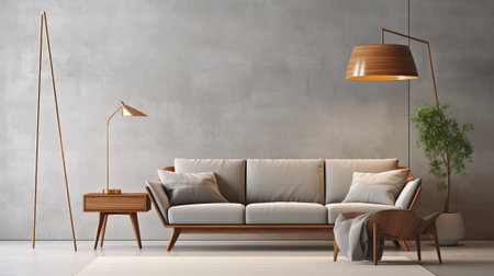 Modern living room interior with sofa, coffee table, floor lamp and plantの素材