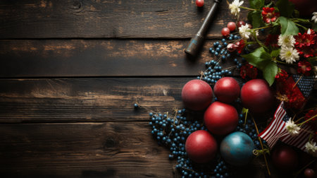 Still life of red and blue eggs with blueberries and white and red flowers on a wooden tableの素材