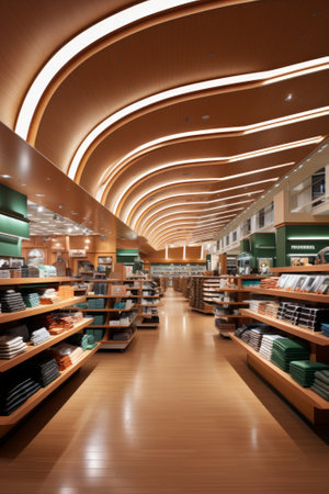 The interior of a bookstore with wooden shelves and a curved ceilingの素材