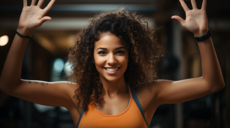 Portrait of a young woman with curly hair smiling and raising her handsの素材