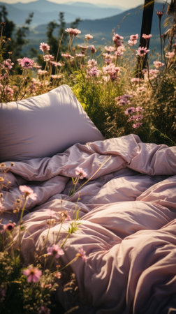 Dreamy outdoor bed in a blooming flower field with mountain viewsの素材
