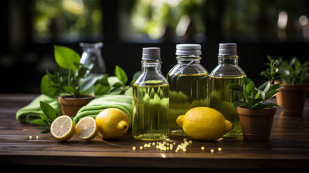 Three glass bottles of lemon essential oil with green leaves and a sliced lemon on a wooden tableの素材