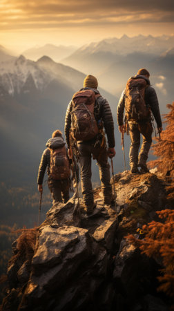 Three hikers walking along a mountain ridgeの素材