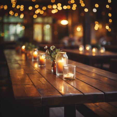 Rustic wooden table decorated with candles in glass jarsの素材