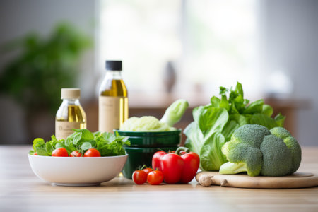Fresh vegetables and olive oil on a wooden tableの素材