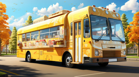 A yellow bus with a lot of food inside is on the roadの素材