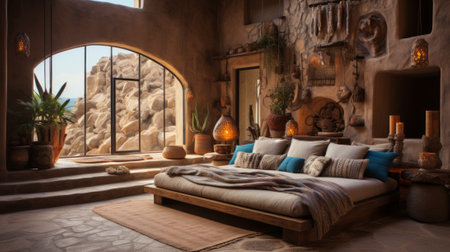 Earthy bedroom with a stunning viewの素材