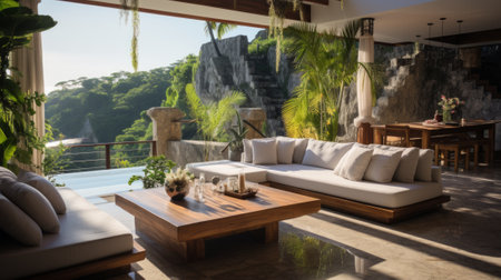 Modern luxury villa living room with pool and tropical garden viewの素材
