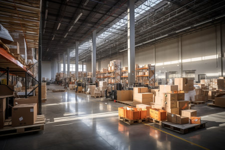 A large warehouse with many shelves and boxesの素材