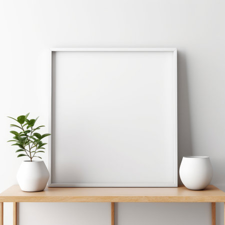 White frame mockup with a potted plant on a wooden tableの素材