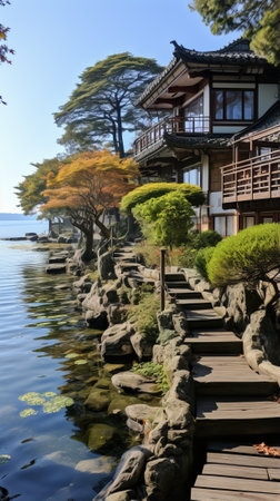 Japanese traditional house near lake with autumn trees and stone pathの素材