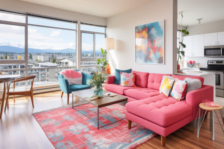 A bright and colorful living room with a large pink sofa, blue armchair, and a view of the cityの素材