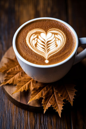 Cappuccino with a beautiful latte art in a white cup on a wooden tableの素材