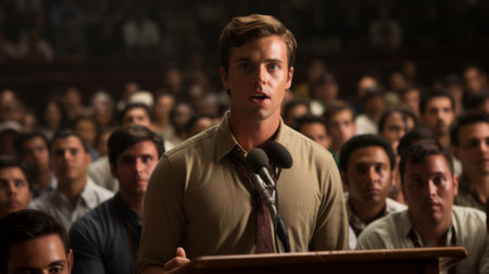 A young man giving a speech in front of a large crowdの素材