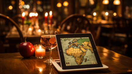 A tablet on a table with a map of the world, a glass of wine, an apple and a candleの素材