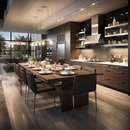 Modern kitchen with dark wood cabinets and stainless steel appliancesの素材