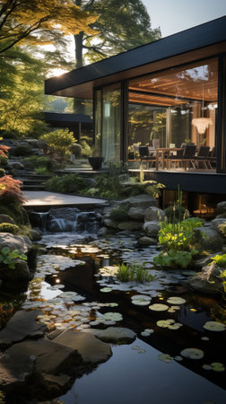 Black and wood modern house with pond and treesの素材