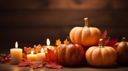 Pumpkins and candles on a wooden tableの素材