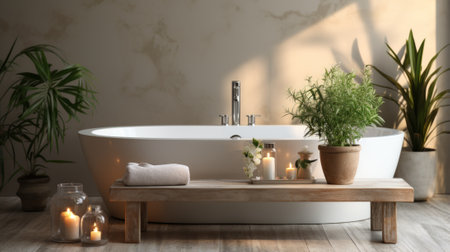 Bathroom interior with freestanding bathtub, wooden bench with towel and candles, and potted plantsの素材