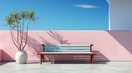 Blue bench in front of pink wall with potted palm treeの素材