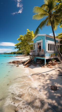 Beachfront house with palm treesの素材