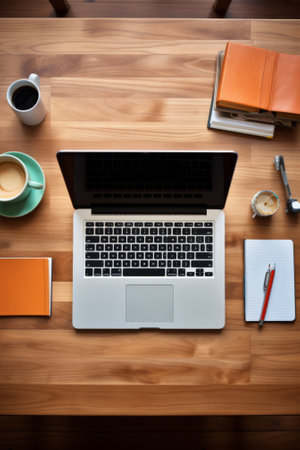 Top view of a desk with a laptop, notebooks, coffee cups, a pen and a pencilの素材