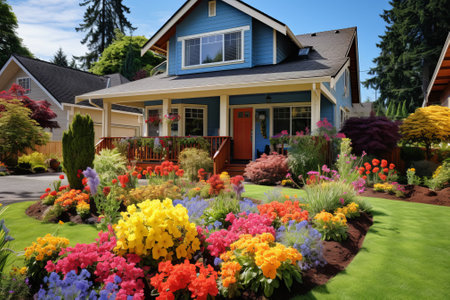 Colorful flowers in front of a blue houseの素材