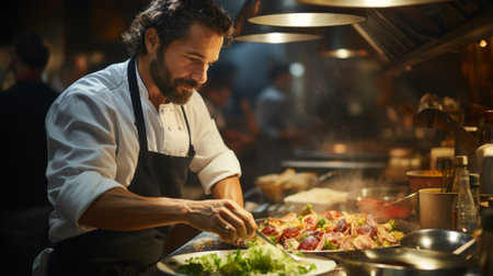 Focused male chef plating food in a busy restaurant kitchenの素材