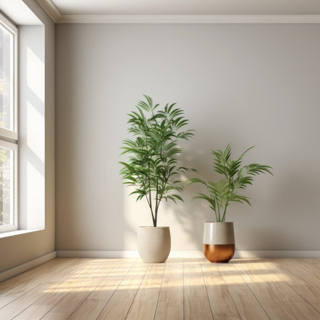 Two beautiful indoor plants in pots stand by the window in an empty room with white walls and a light wooden floorの素材